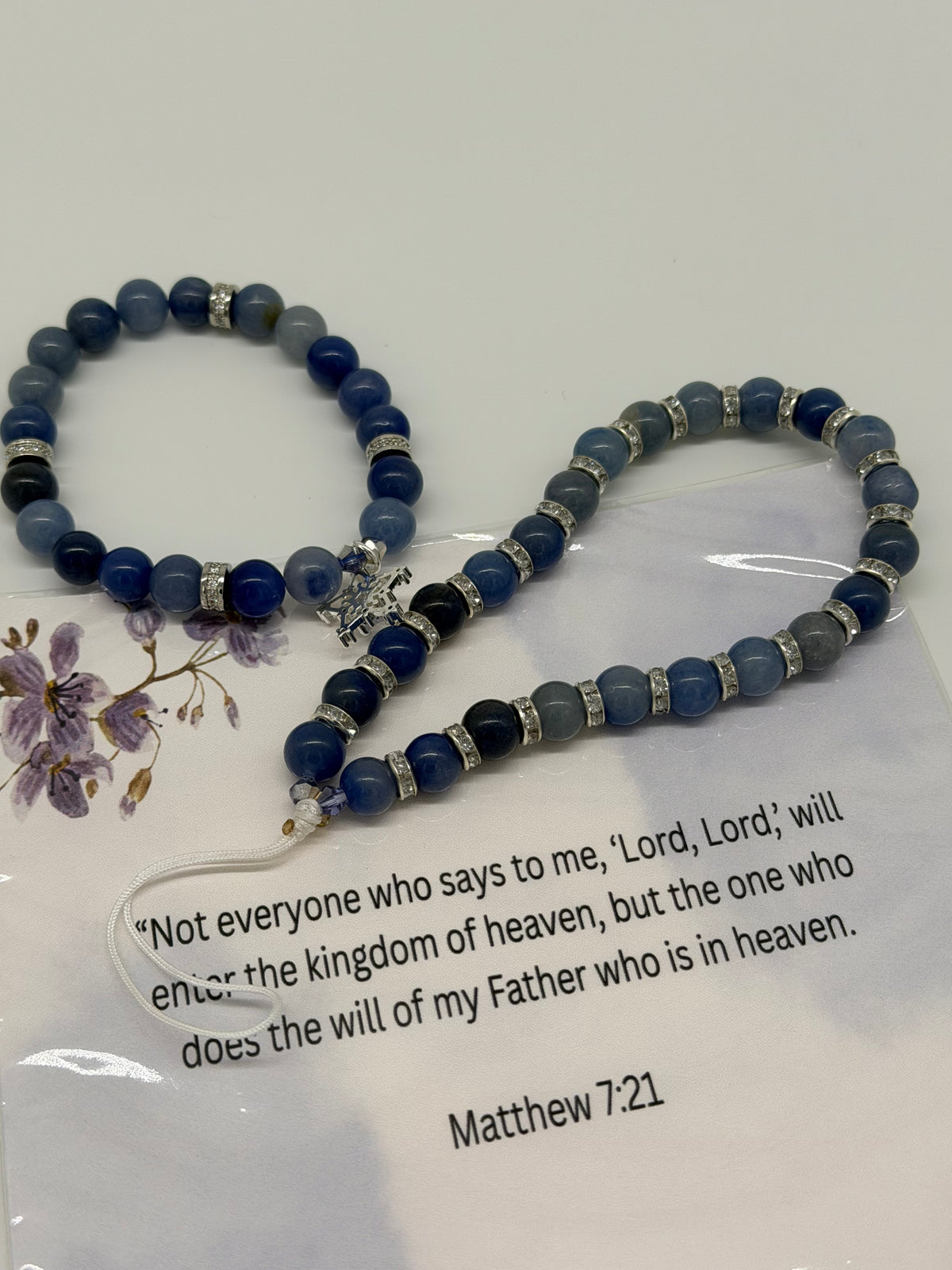 Matthew 7:21 Christian Bracelet & Wristlet Set - - Blue Beads with Silver Cross Charm