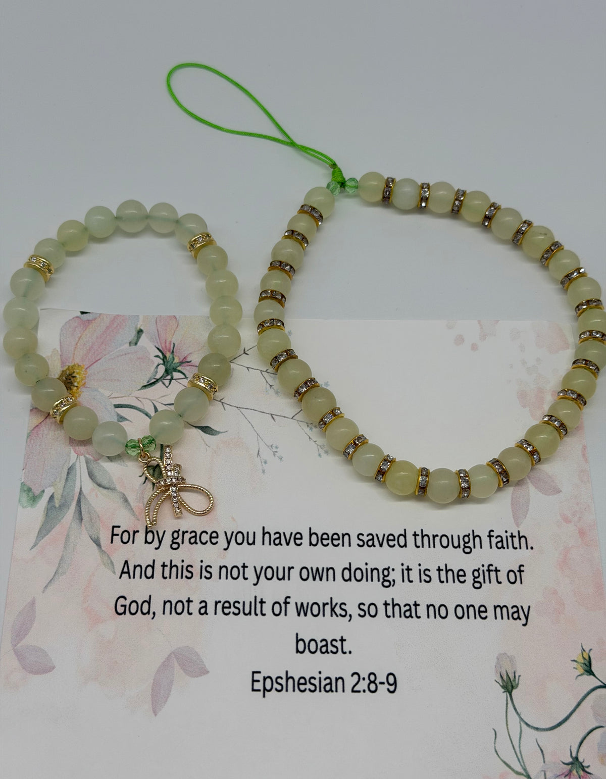 Saved by Grace – Ephesians 2:8–9 Cream & Gold Christian Bracelet Set