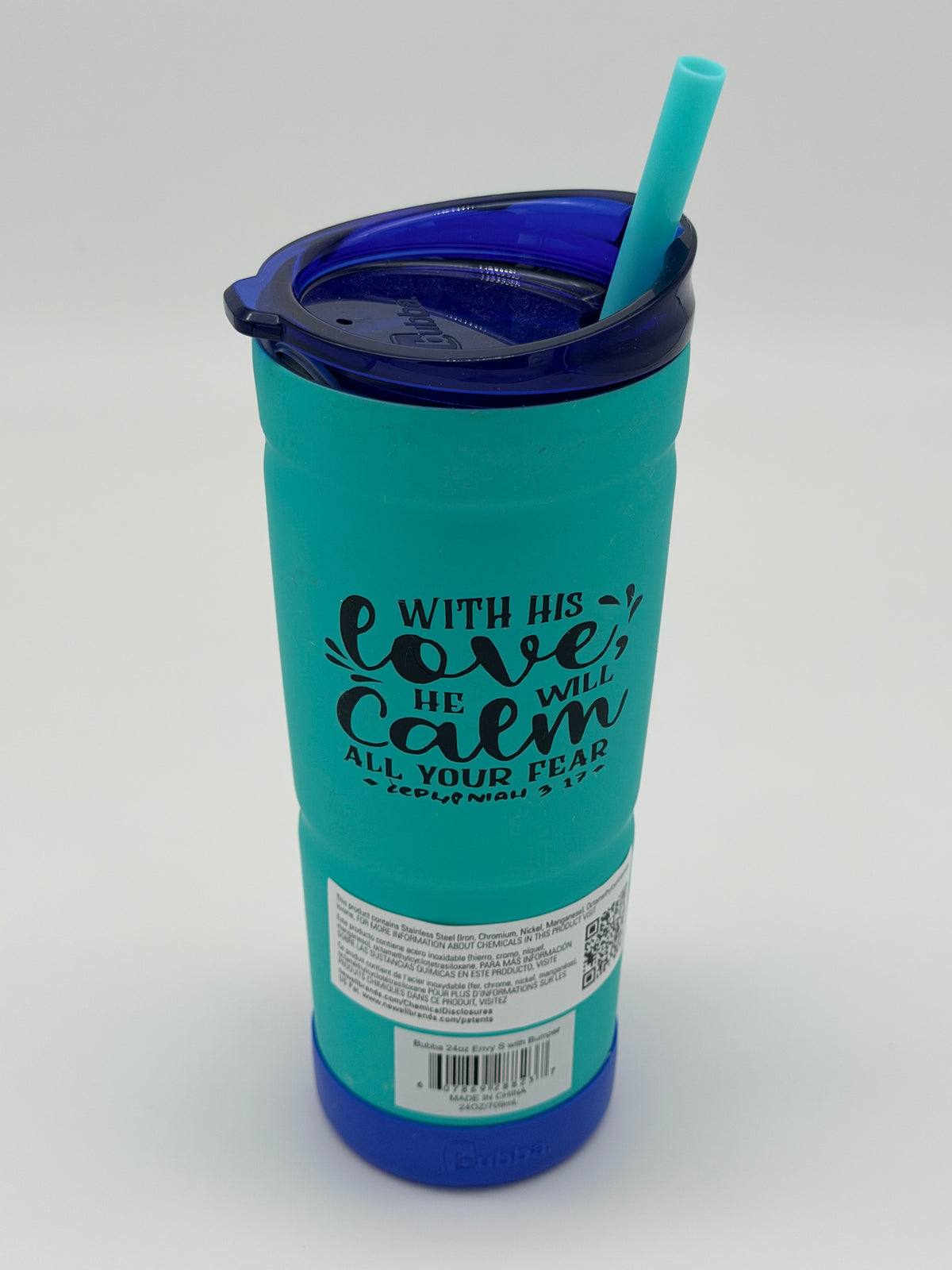 With His Love, Keep Calm – Turquoise & Blue Tumbler