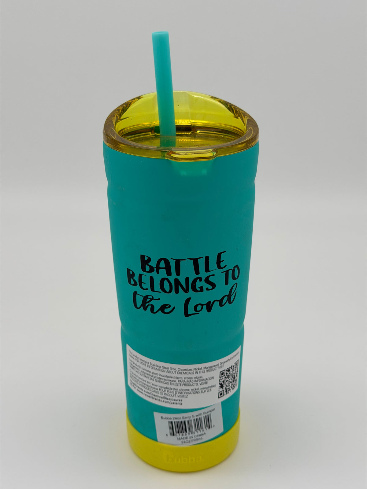 The Battle Belongs to the Lord – Turquoise & Yellow Tumbler